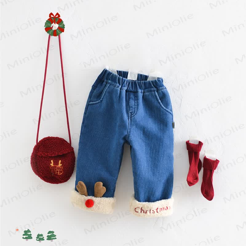 CHRISTMAS Baby Denim Deer Fleece Lined Pants