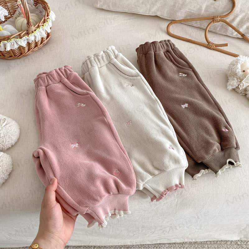 Baby Toddler Girl Embroidered Bow Rabbit Fleece Jogger Pants