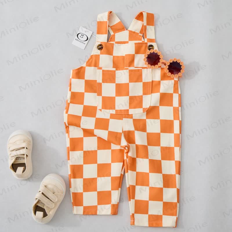 Baby Toddler Orange Checkerboard White Overalls