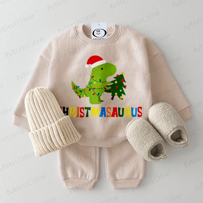 CHRISTMASAURUS Baby Dinosaur Sweatshirt 2-piece Beige Set