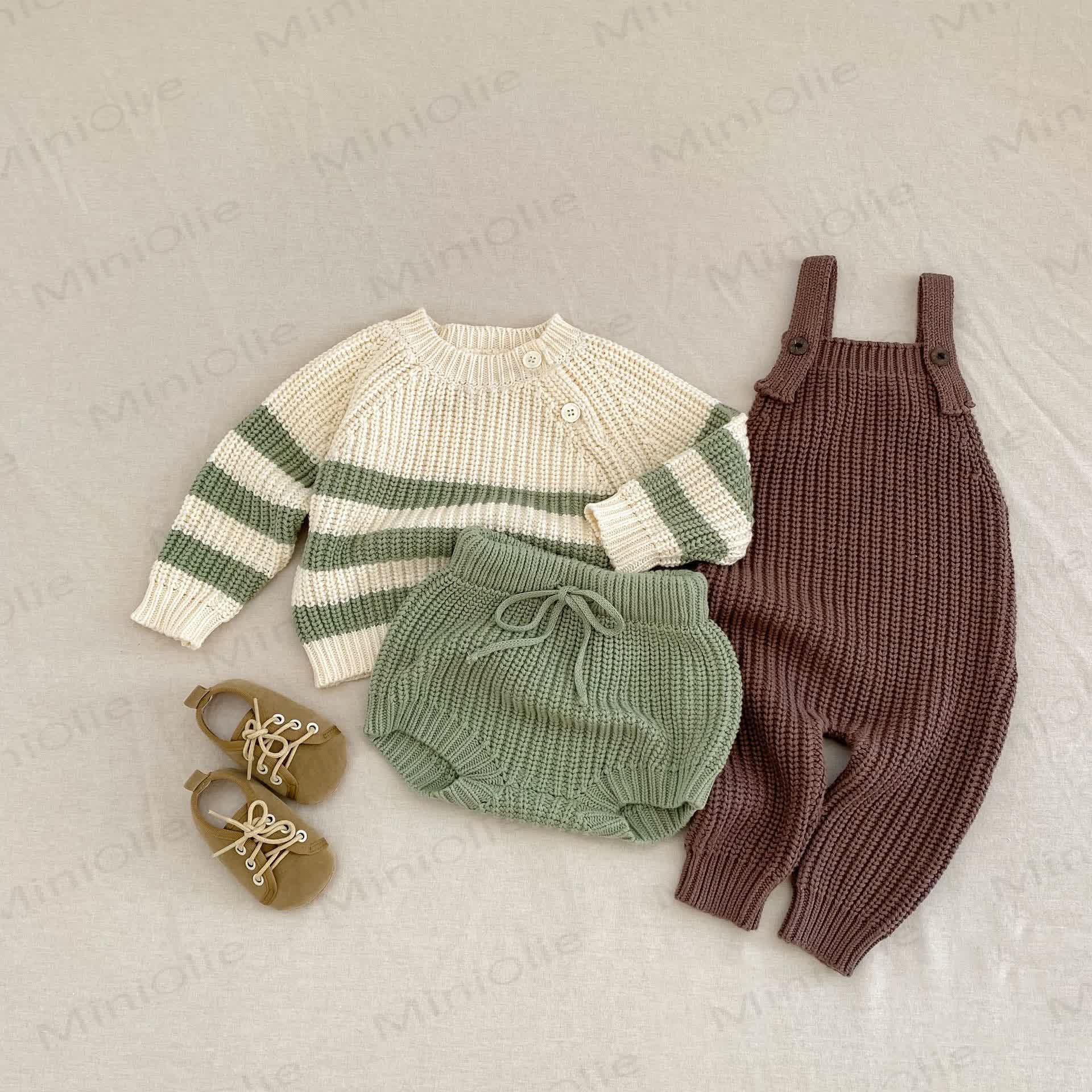 Baby Toddler Beige Green Knitted Stripe 2-piece Set