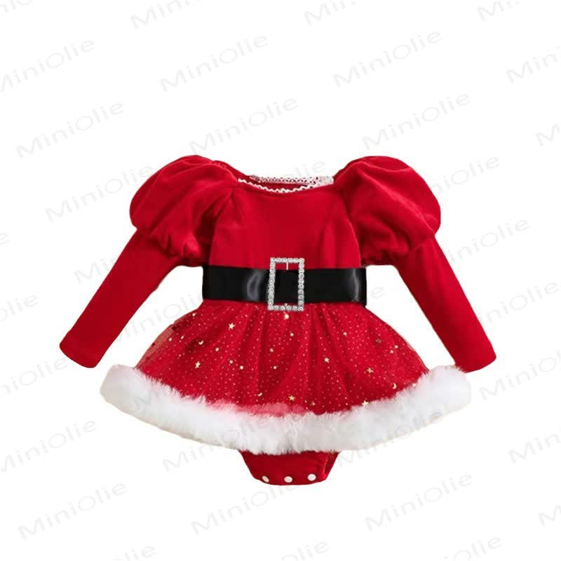 Baby Christmas Belt Skirted Bodysuit with Headband