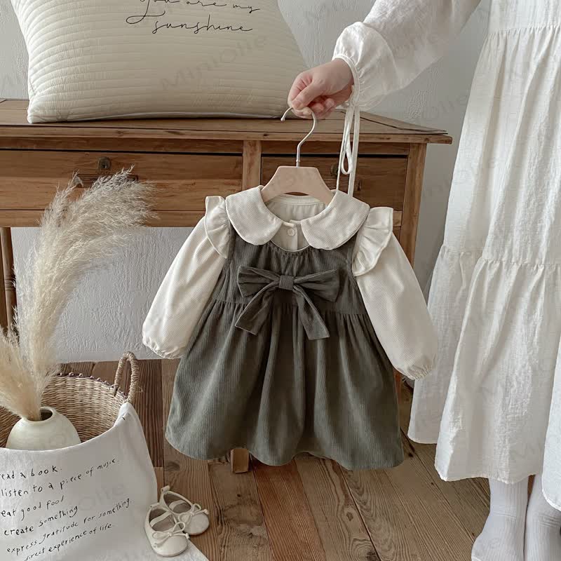 Toddler Girl Cord Bow Green Sleeveless Dress/Beige Baby Collar Top