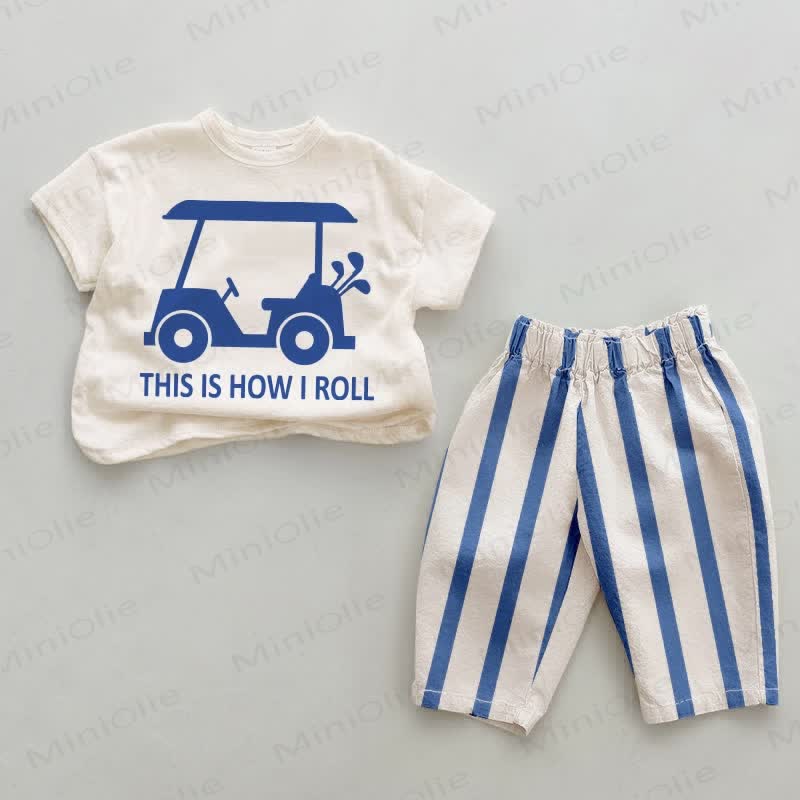 THIS IS HOW I ROLL Baby Golf Cart Blue Vertical Striped 2-piece Set