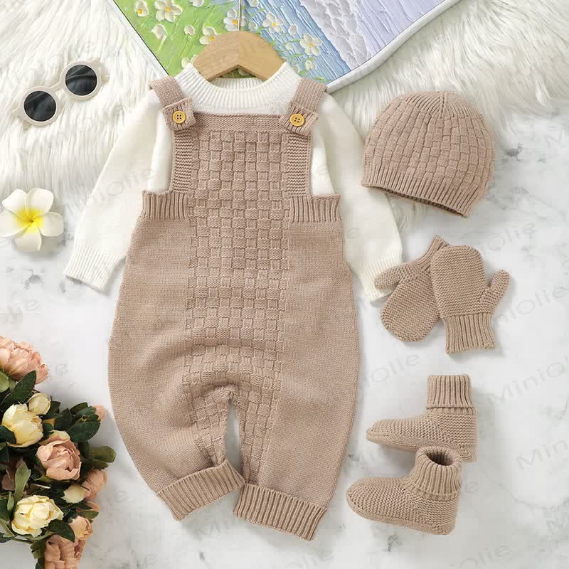Baby Solid Color Knit Romper with Hat Socks Gloves