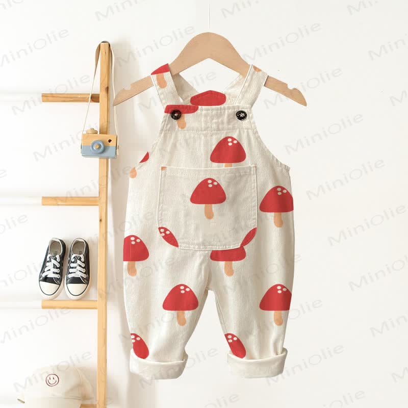 Baby Toddler Red Mushroom White Overalls