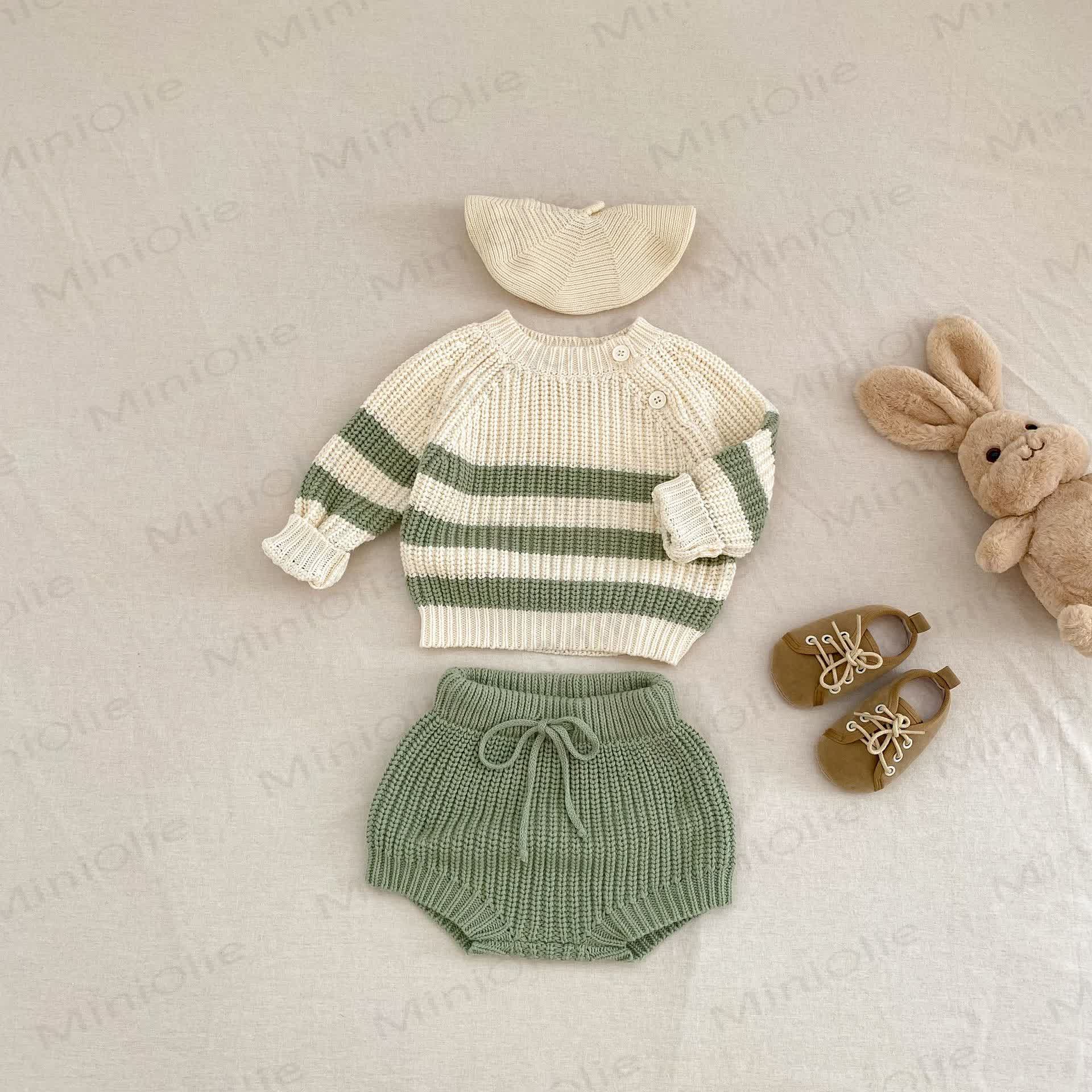 Baby Toddler Beige Green Knitted Stripe 2-piece Set