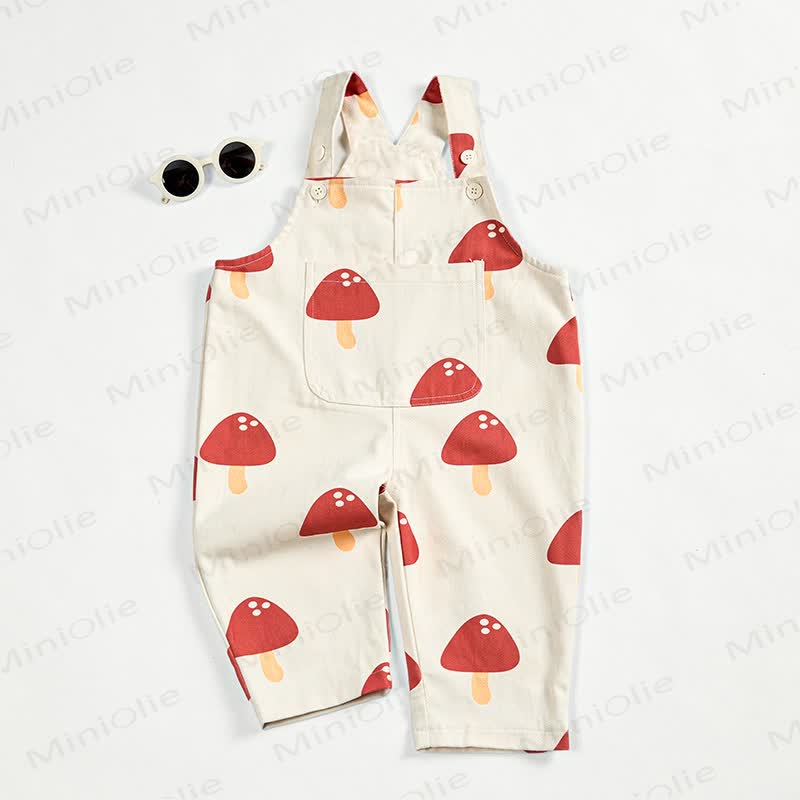 Baby Toddler Red Mushroom White Overalls