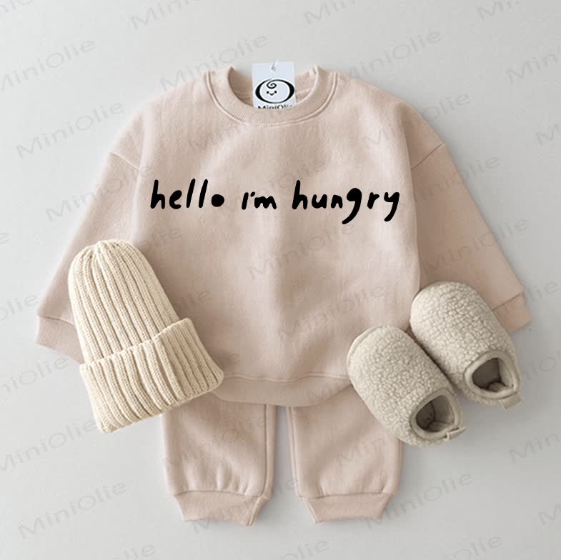 HELLO I'M HUNGRY Baby Slogan 2-piece Beige Set