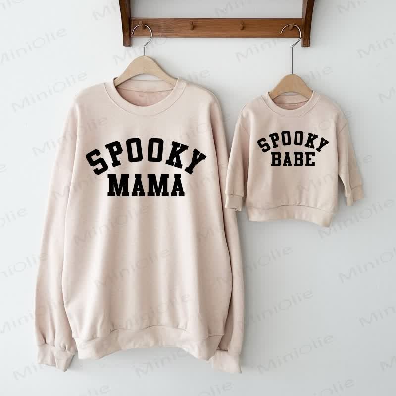 SPOOKY MAMA/BABE Mommy and Me Beige Family Sweatshirt