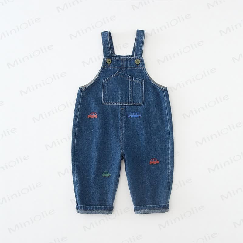 Toddler Car Embroidered Pocket Overalls