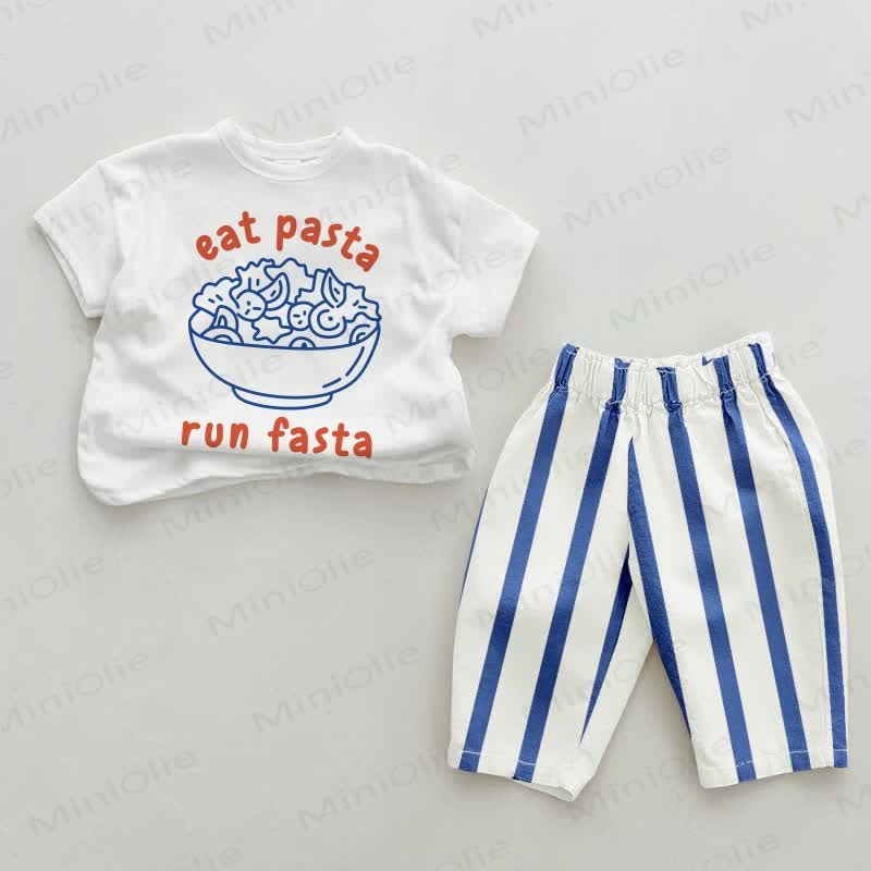 EAT PASTA RUN FASTA Baby Blue Vertical Striped 2-piece Set