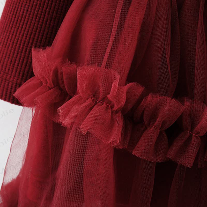 Baby Girl Bear Bow Red Fleece Lined Mesh Dress