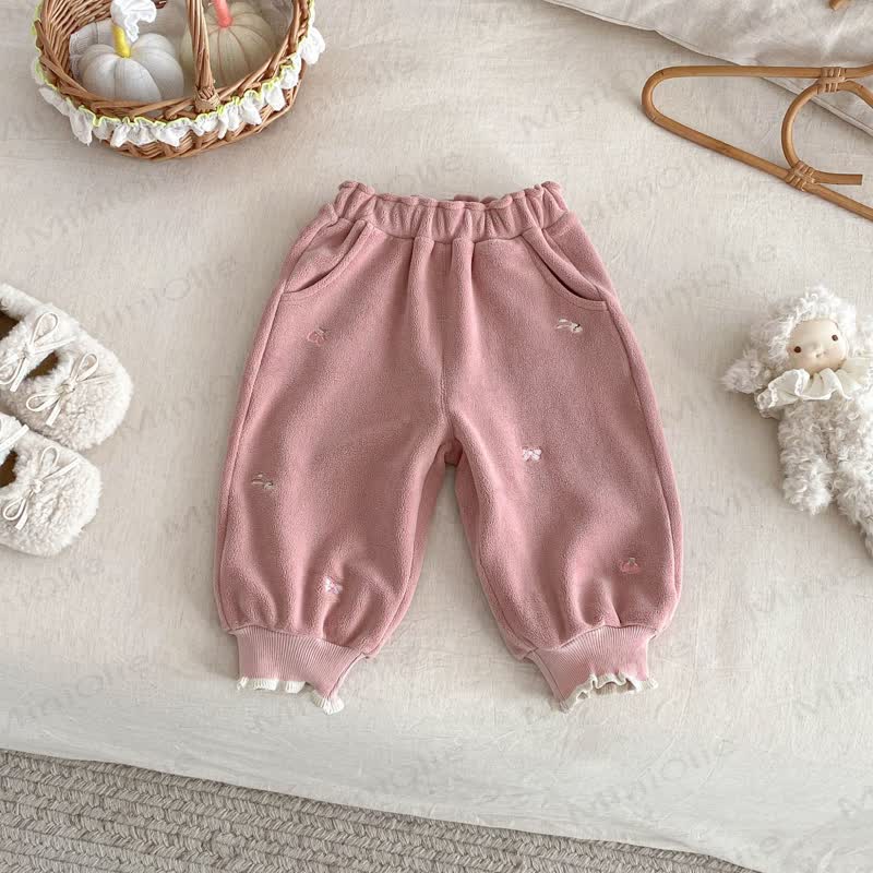 Baby Toddler Girl Embroidered Bow Rabbit Fleece Jogger Pants