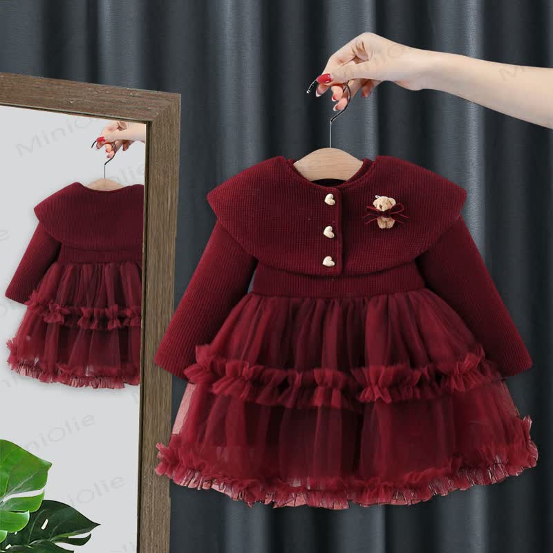 Baby Girl Bear Bow Red Fleece Lined Mesh Dress