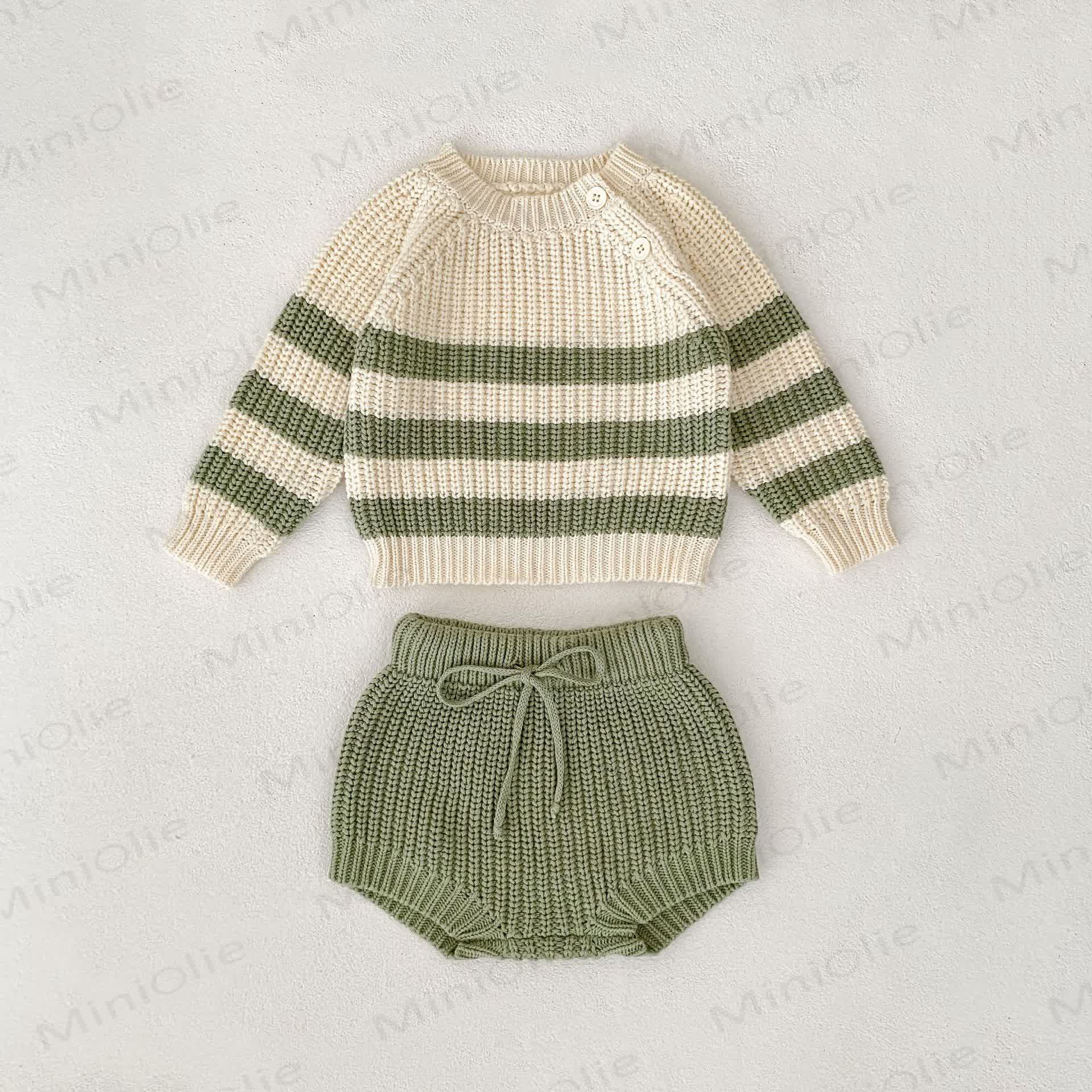 Baby Toddler Beige Green Knitted Stripe 2-piece Set