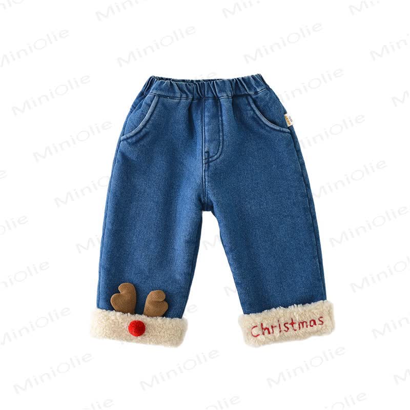 CHRISTMAS Baby Denim Deer Fleece Lined Pants