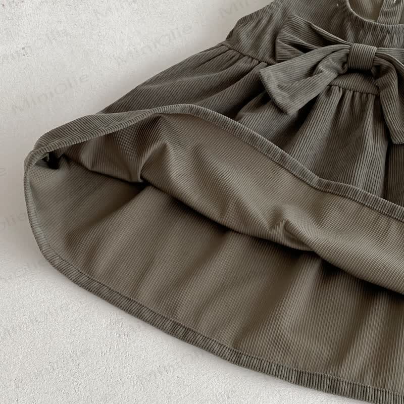 Toddler Girl Cord Bow Green Sleeveless Dress/Beige Baby Collar Top