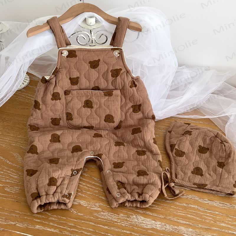 Baby Quilted Bear Pocket Romper with Hat