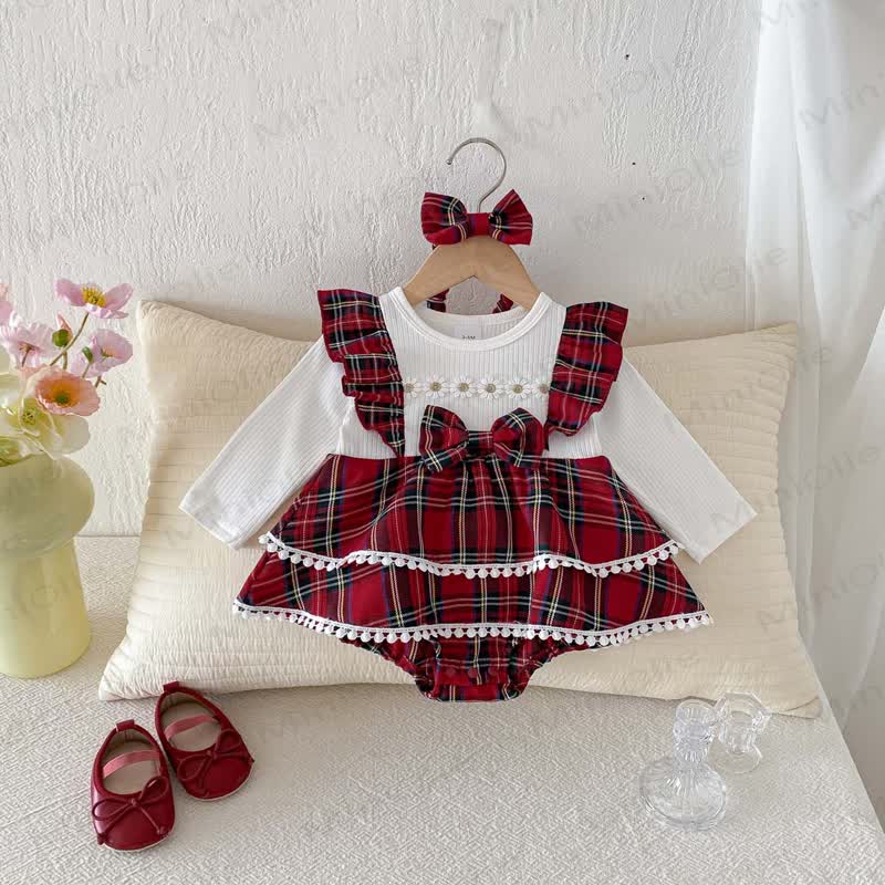 Baby Plaid Daisy Fake 2pcs Bodysuit with Headband
