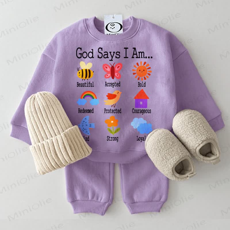 GOD SAYS I AM... Baby Slogan Purple Sweatsuit 2-piece Set