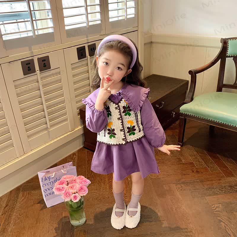 Toddler Girls Flower Ruffles Purple Cord Dress