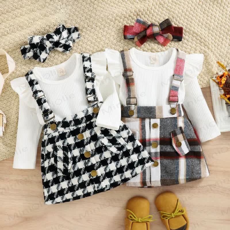 Baby Black White Plaid Suspender Skirt 2-piece Set