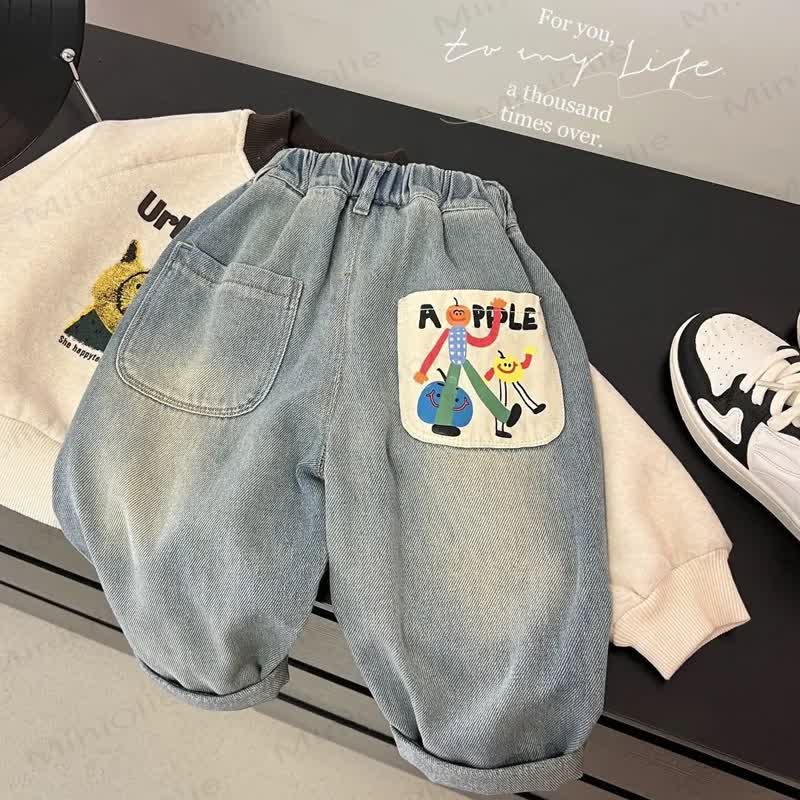 Kid Boy Cartoon Apple Print Jeans