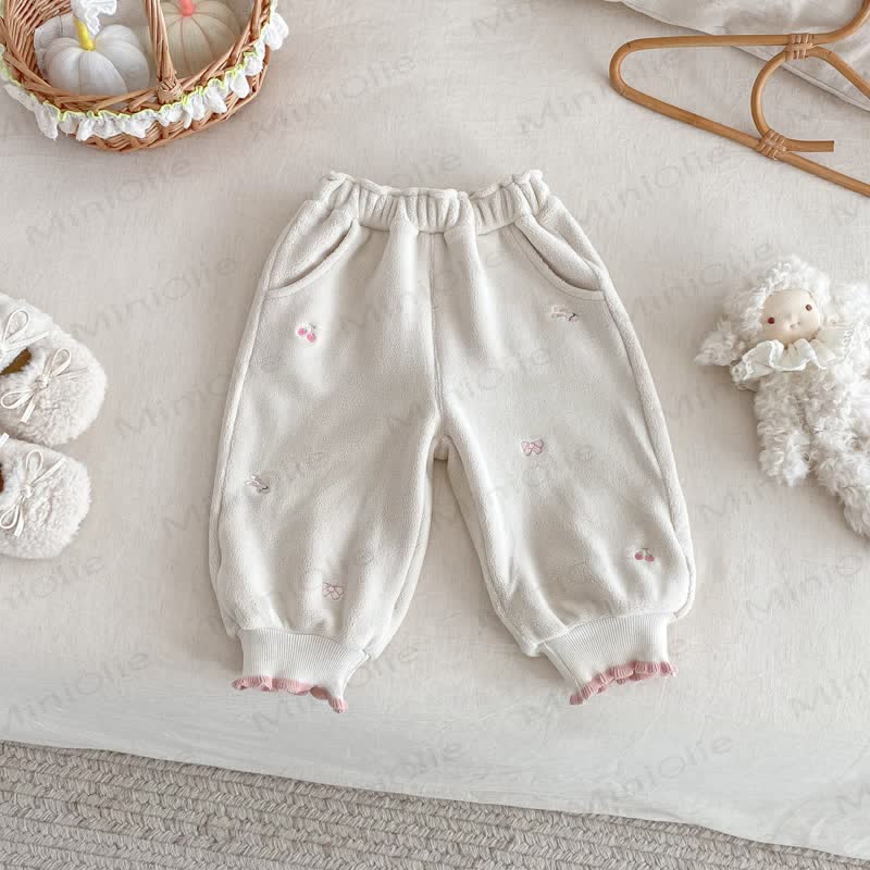 Baby Toddler Girl Embroidered Bow Rabbit Fleece Jogger Pants