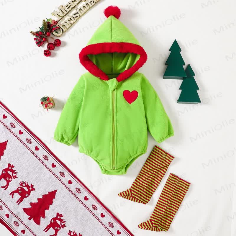 Baby Christmas Tree Hooded Bodysuit with Socks