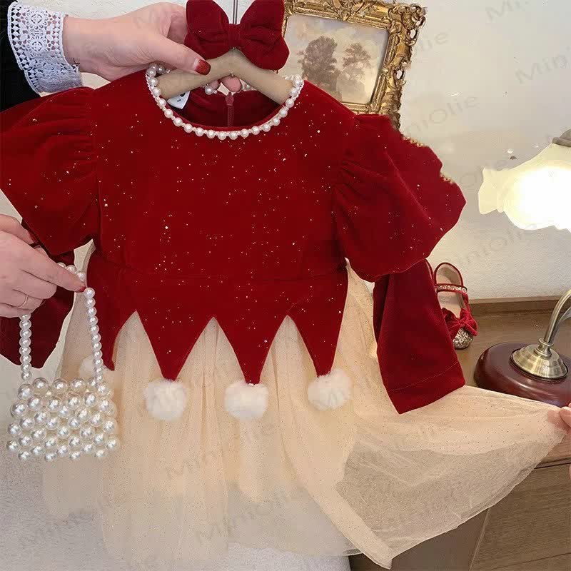 Toddler Girl Christmas Bow Mesh Red Dress