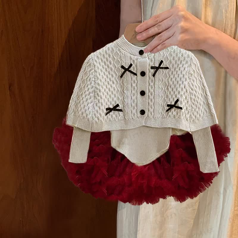 Baby Toddler Girl Bow Knit Cloak & Top & Red Mesh Skirt