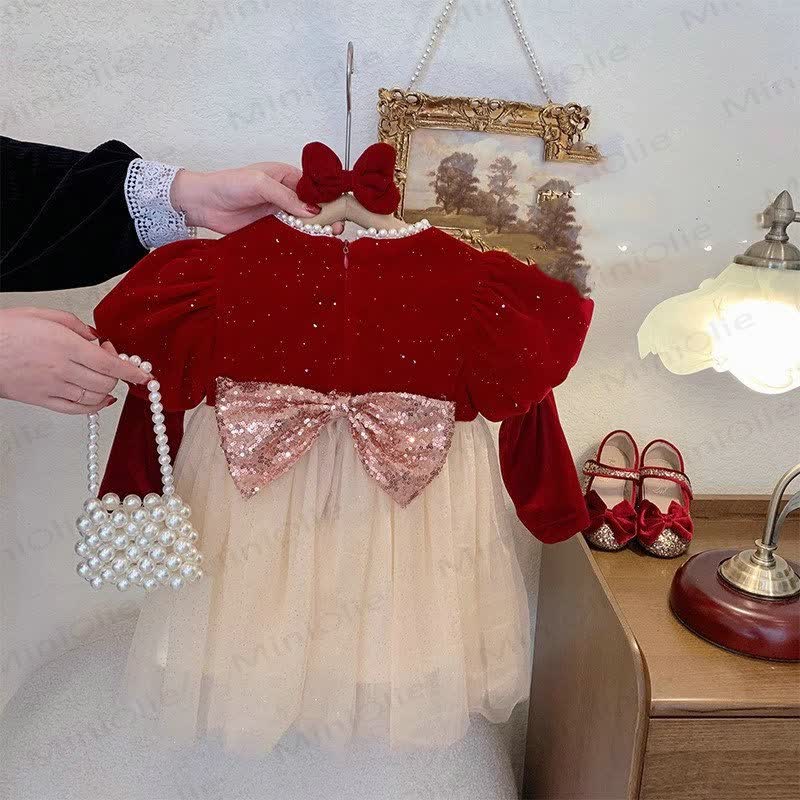 Toddler Girl Christmas Bow Mesh Red Dress