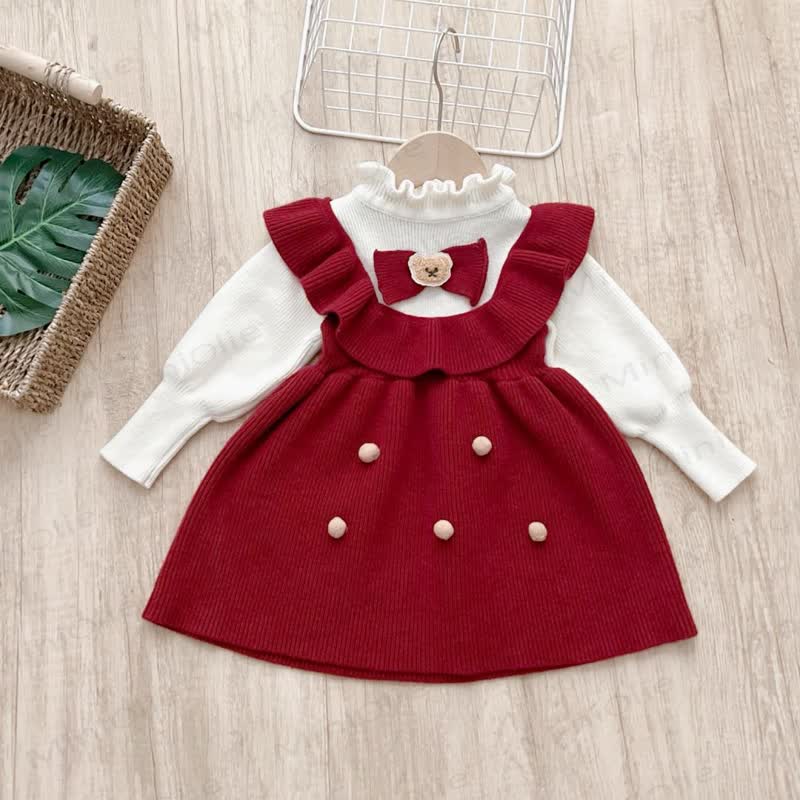 Toddler Girl Red Lace Bear Bow Knitted Christmas Dress