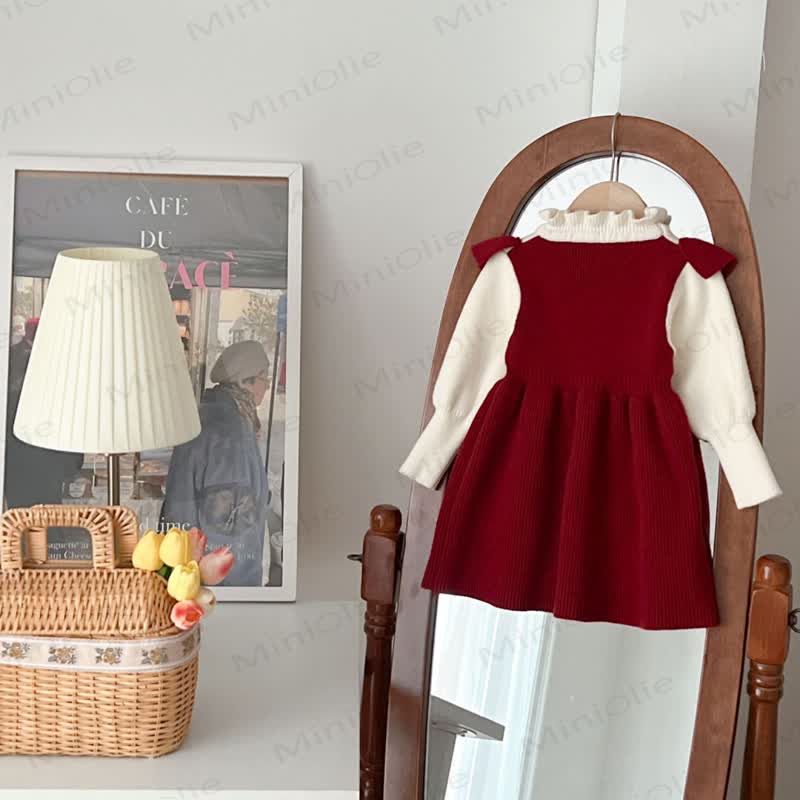 Toddler Girl Red Lace Bear Bow Knitted Christmas Dress