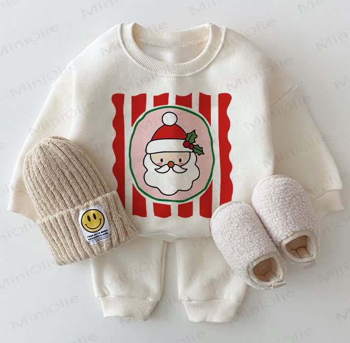 Baby Cartoon Santa Claus Sweatshirt 2-piece White Set