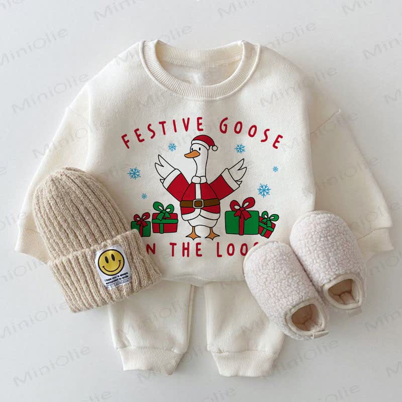 FESTIVE GOOSE ON THE LOOSE Baby Christmas Sweatshirt 2-piece White Set