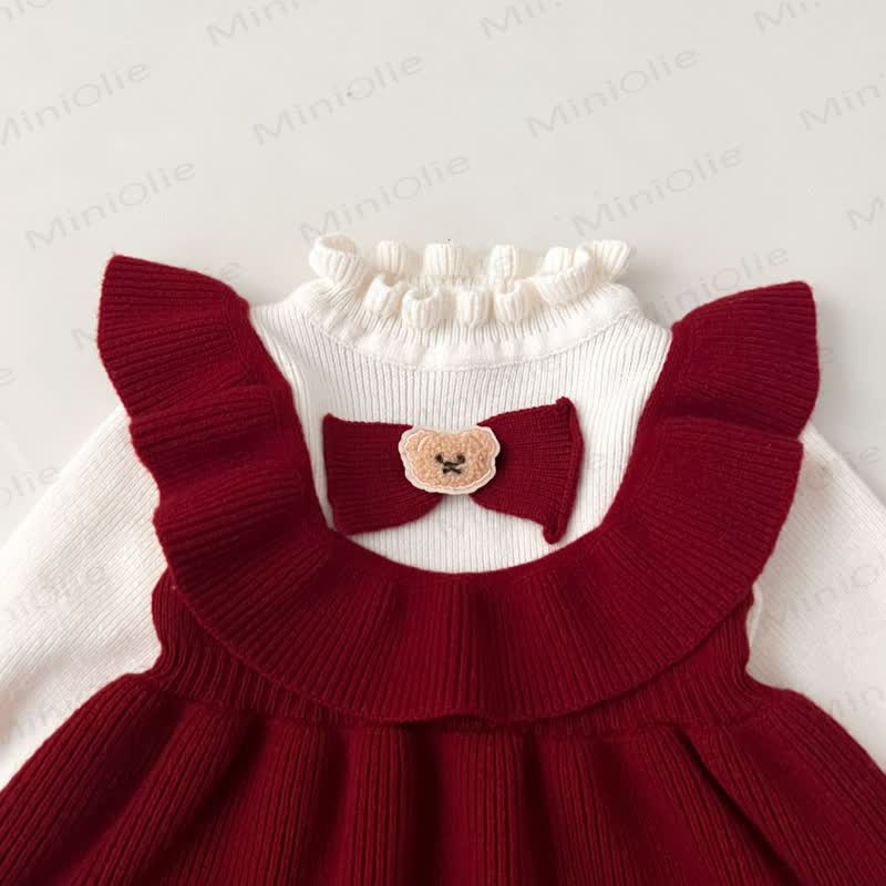Toddler Girl Red Lace Bear Bow Knitted Christmas Dress