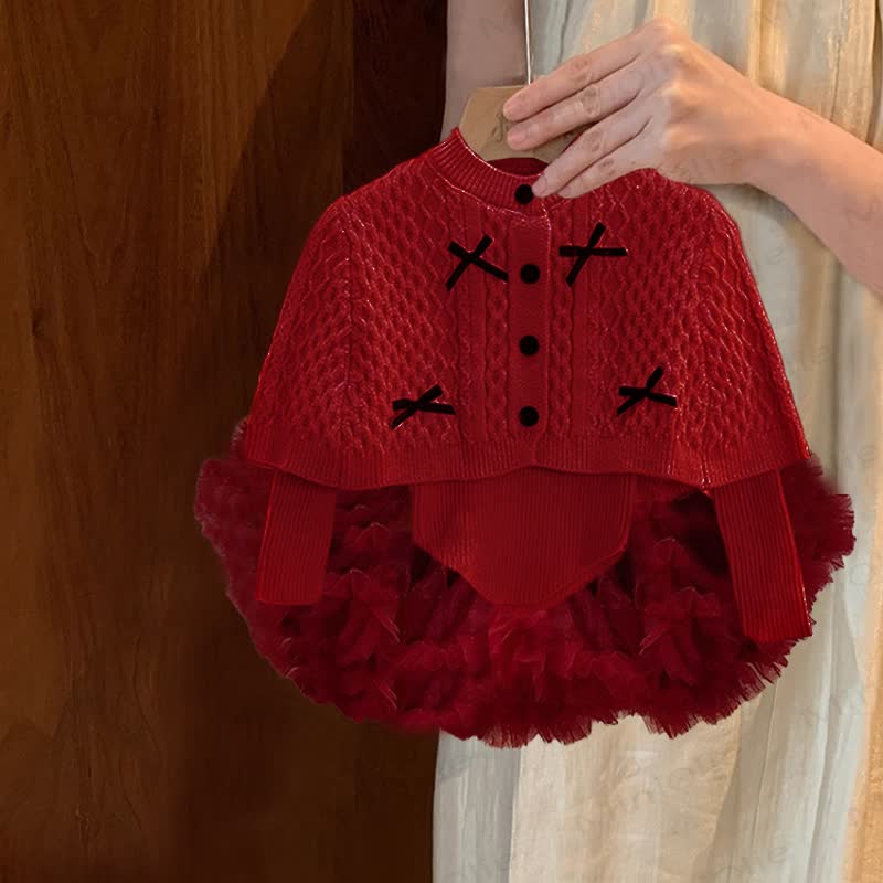 Baby Toddler Girl Bow Knit Cloak & Top & Red Mesh Skirt