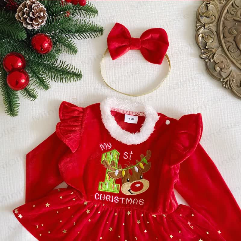 MY 1ST CHRISTMAS Baby Skirted Bodysuit with Headband