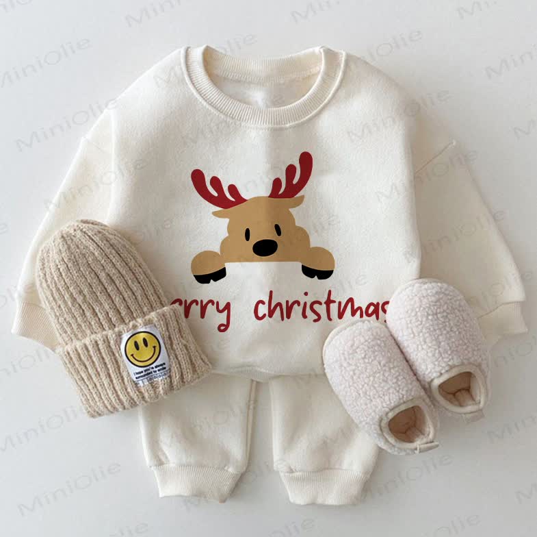 MERRY CHRISTMAS Baby Reindeer Sweatshirt 2-piece White Set