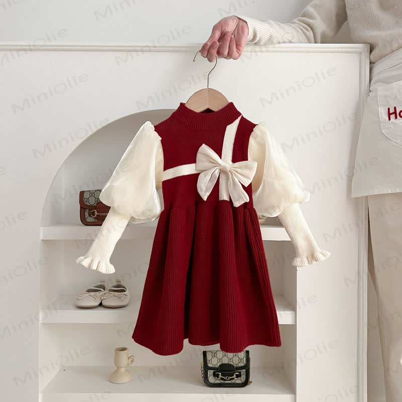 Toddler Girl White Bow Knitted Christmas Dress