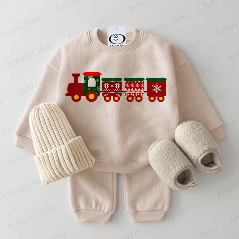 Baby Christmas Train Sweatshirt 2-piece Beige Set