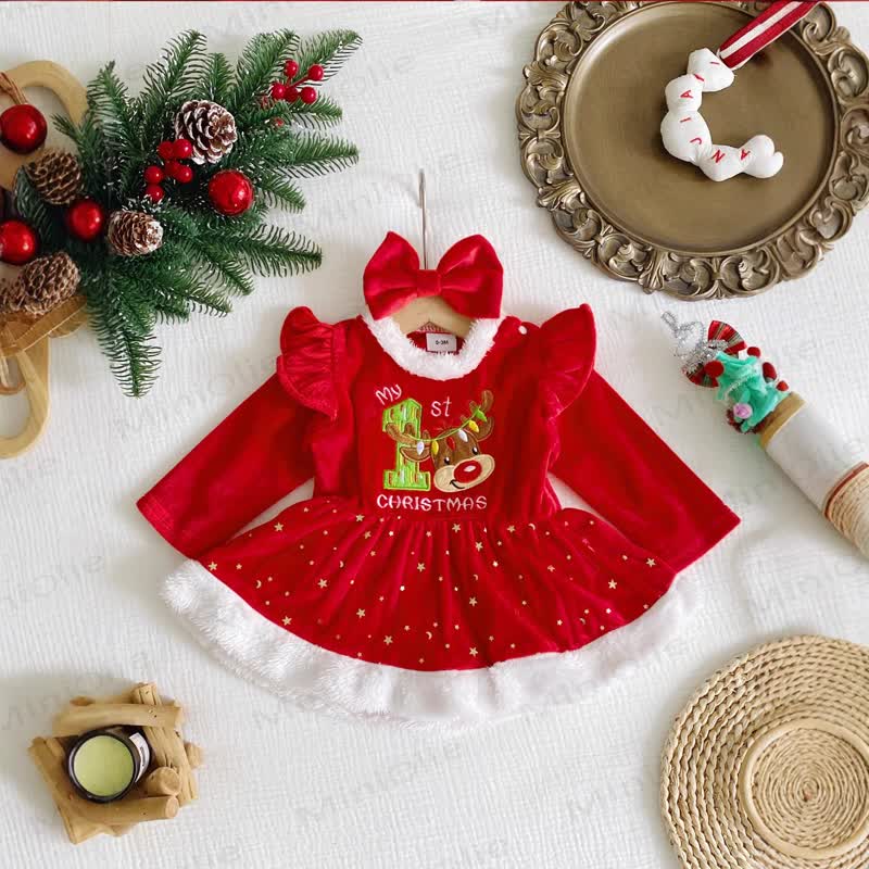 MY 1ST CHRISTMAS Baby Skirted Bodysuit with Headband