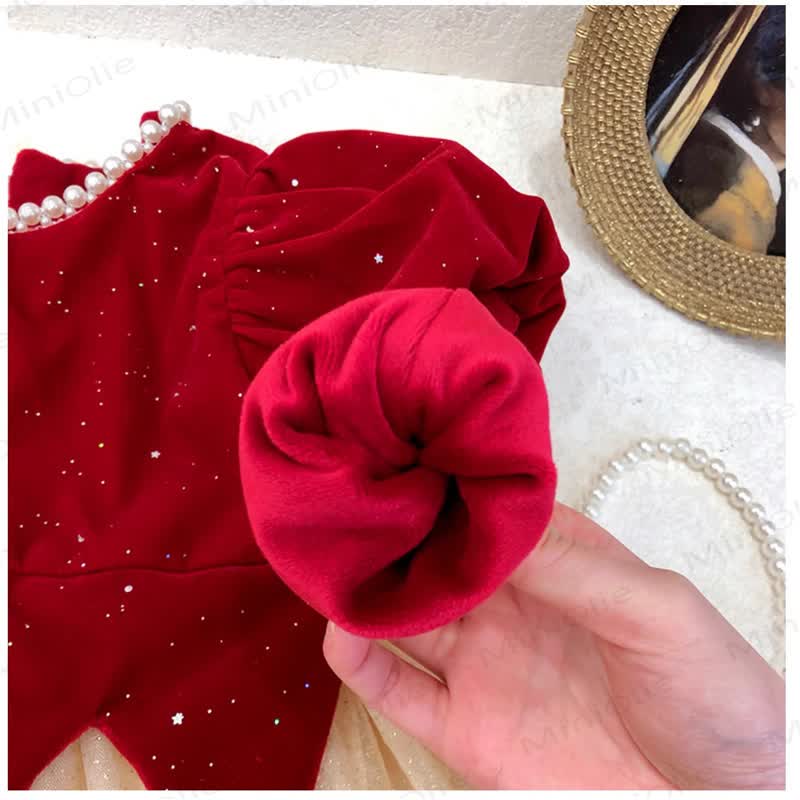 Toddler Girl Christmas Bow Mesh Red Dress