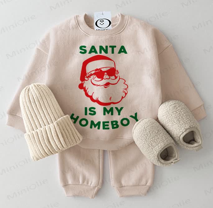 SANTA IS MY HOMEBOY Baby Sweatshirt 2-piece Beige Set