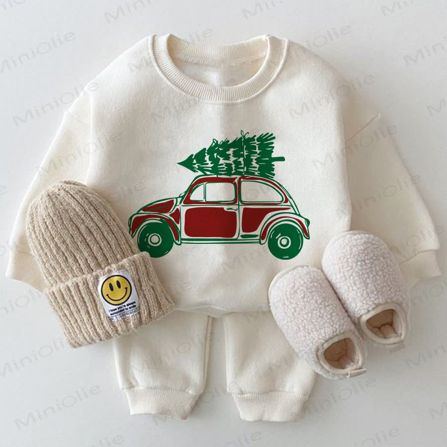 Baby Car Carrying Christmas Tree Sweatshirt 2-piece White Set
