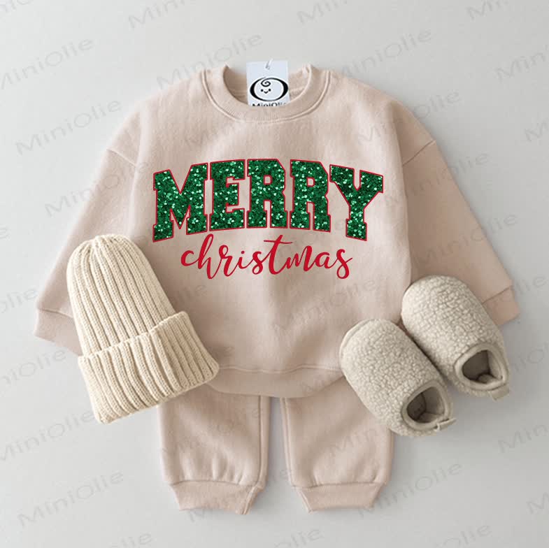 MERRY CHRISTMAS Baby Slogan Sweatshirt 2-piece Beige Set