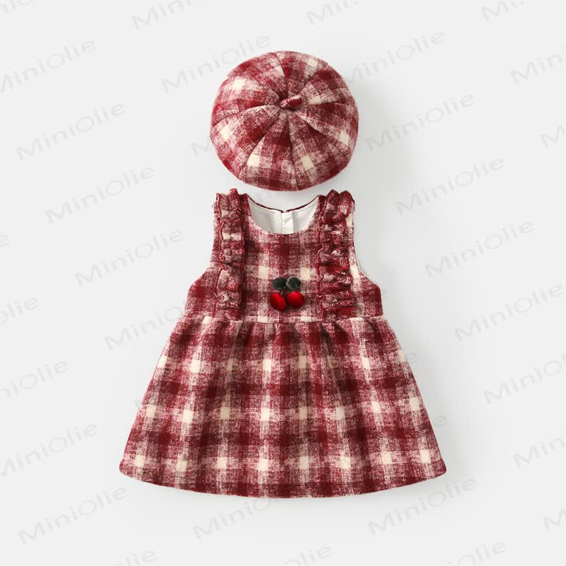 Baby Girl Red Plaid Cherry Sleeveless Dress & Beige Top
