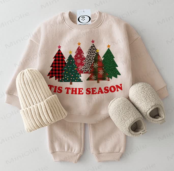 'TIS THE SEASON Baby Christmas Trees Sweatshirt 2-piece Beige Set